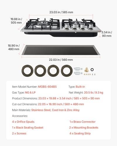 VEVOR 24 inch Gas Cooktop 4 Burners Gas Stove Top, Max 27000BTU Built-in Stainless Steel Stove Top LPG/NG Convertible Dual Fuel Cooktop Stoves with Thermocouple Protection for Kitchen Apartment Rvs — view 6