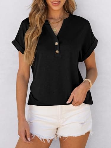 ANRABESS Womens Short Sleeve Henley Tops V Neck Dressy Casual Blouses Summer Trendy Tee Shirts 2026 Vacation Fashion Clothes Black L — view 2