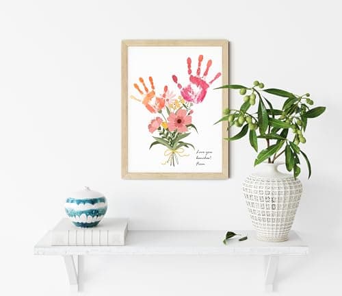 TwoDays Flower Bouquet Handprint Art Craft DIY Kit, Unique Gifts for Mom From Daughter or Son for Mother's Day Birthday Christmas, Gift for Grandma.(12" X 16", With Wood Frame) — view 4