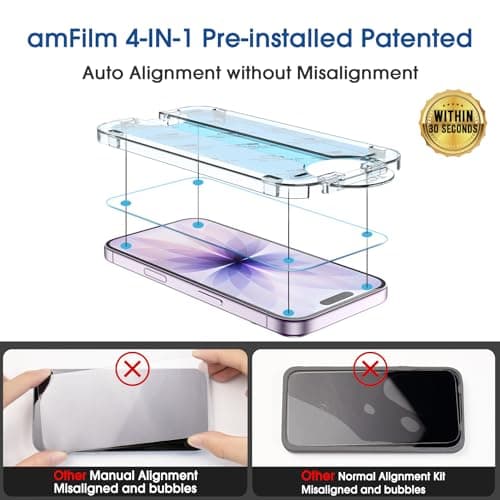 amFilm OneTouch Screen Protector for iPhone 17 6.3'' 2025 + Camera Lens Protector | Auto-Alignment install | Bubble Free | 9H+ Military-Grade Tempered Glass | FHD Clarity | Case Friendly | 2+2 Pack — view 2