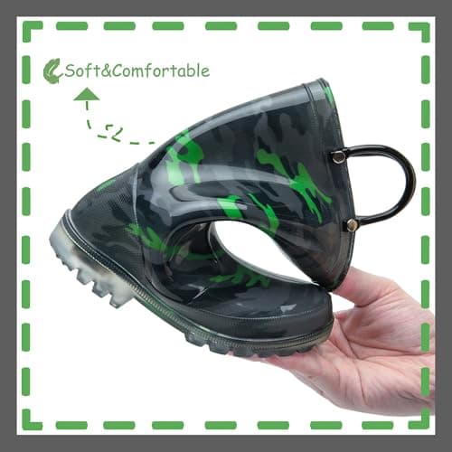 OUTEE Toddler Boys Rain Boots Little Kids Baby Light Up Waterproof Rubber Shoes Printed Mud Lightweight Adorable with Easy-On Handles Non Slip Sole Black Green Camo Size 8 — view 5