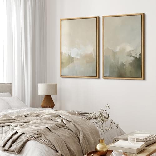 MUDECOR Framed Canvas Print Wall Art Set Neutral Misty Abstract Landscape Beige and Oliv Illustrations Modern Art Decorative Bohemian Calm/Zen for Living Room, Bedroom, Office - 24"x36"x2 Natural — view 2
