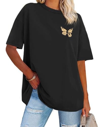 ADOREJOY Womens Oversized T-Shirt Summer Short Sleeve Tops Casual Boyfriend Shirt Loose Fit Tees(Aa Black Brown Butterfly,2XL)