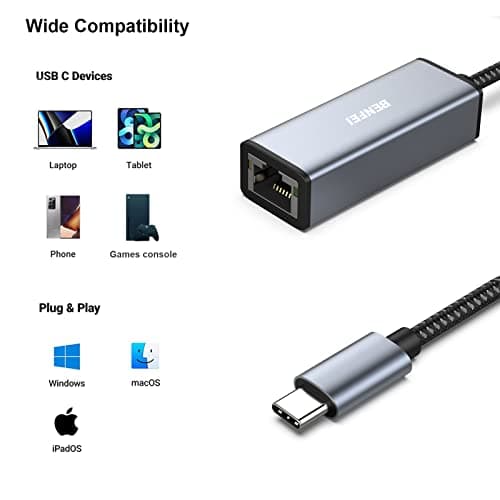 BENFEI USB-C to Ethernet Adapter, USB Type-C (Thunderbolt 3/4) to RJ45 Gigabit Ethernet LAN Network Adapter Compatible with iPhone 15 Pro/Max, MacBook Pro/Air 2023, iPad Pro,iMac, S23, XPS 17 and More — view 3