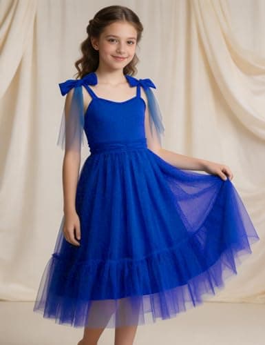 Arshiner Girls Dresses Summer Sleeveless Bow-Tie Straps Birthday Party Long Tulle Dress Royal Blue Tween 10-11 Years — view 2