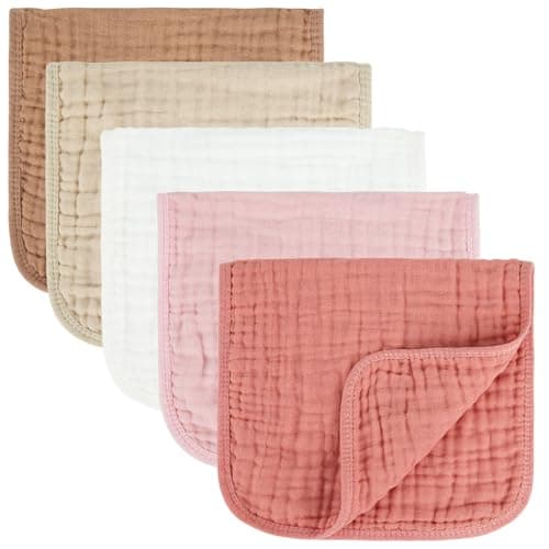 MIGIOL Baby Burp Cloths 100% Cotton Newborn Muslin Burp Cloths 10x20 inches Baby Essentials Pink & Coffee 5-Pack