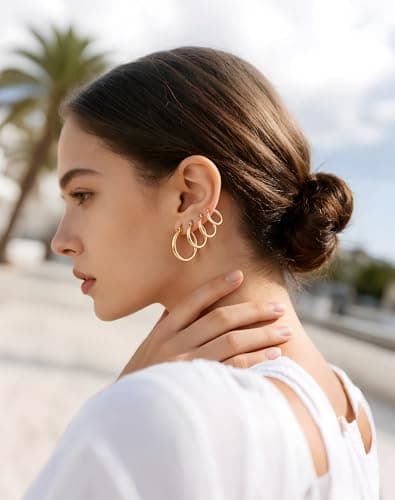 4 Pairs Gold Silver Hoop Earrings for Women Stainless Steel 14K Gold Plated Huggie Earrings Hypoallergenic Lightweight Earring (10-20mm) (Gold - 4 Pairs) — view 2