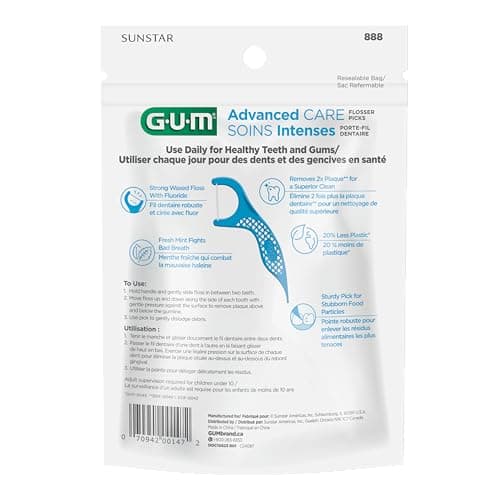 GUM Advanced Care Flosser Picks, Infused with Vitamin E & Fluroide, Fresh Mint Flavour, Blue, 150 Flossers (1 Bag) — view 2
