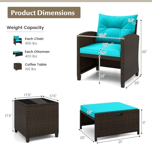 KOTEK 5 Pieces Patio Furniture Set with Ottomans, Wicker Patio Conversation Set with Coffee Table & Cushions, PE Rattan Outdoor Lounge Chairs for Backyard, Porch, Poolside (Mix Brown- Turquoise) — view 5
