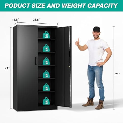Metal Storage Cabinet with 2 Doors and 6 Shelves,Black Metal Cabinet with Lock,71" Lockable Garage Storage Cabinets,Locking File Cabinet,Steel Tool Cabinets for Home,Office,Garage,Shop,School — view 2