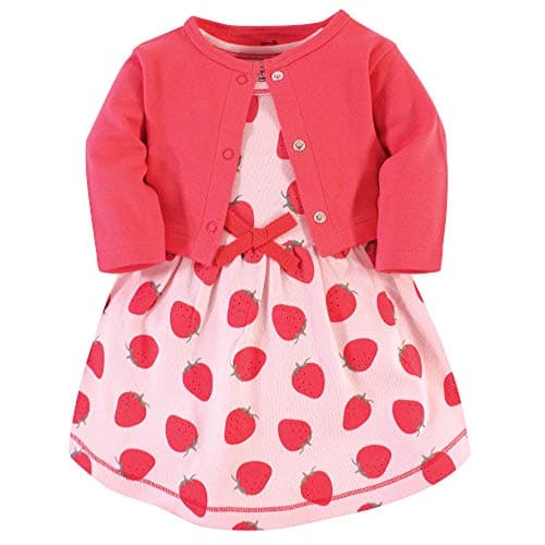 Touched by Nature Baby Girls Organic Cotton Dress and Cardigan, Strawberries, 18-24 Months