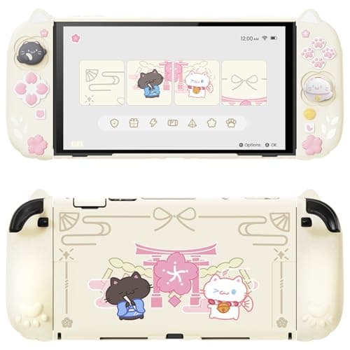 PlayVital Cherry Blossoms Kitten Protective Case for Nintendo Switch 2 with Stand | Cute Cat Ear & Paw Silicone Grips, Dockable Hard Shell, 2 Joystick Caps, Full-Body Protection Cover - Antique Yellow