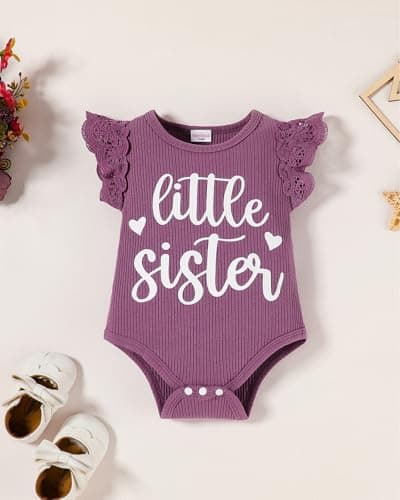 FAMIHAO Big Sister Little Sister Matching Outfits Baby Girl Romper Tops with Floral Shorts Summer Clothes Set,3-6M Purple — view 3