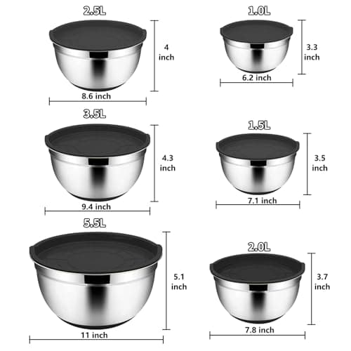 Menbyci 6 Pcs Mixing Bowls with Lids,Stainless Steel Mixing Bowls,Black Non-Slip Bottoms,Including Kitchen Utensils,Mixing Bowl Set for Kitchen Mixing Baking Prepping Cooking Serving — view 3