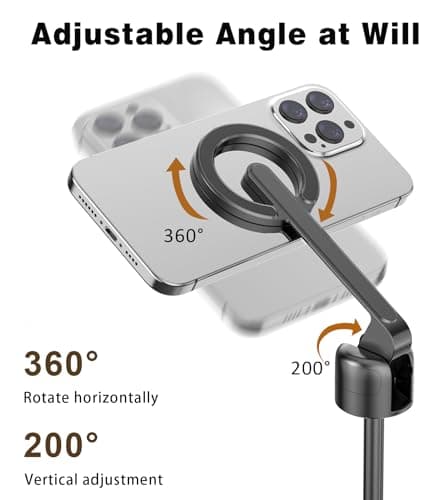 TONEOF 68" Magnetic Selfie Stick Tripod with Aluminum Strong Magnetic Holder for Magsafe, 360° Rotatable Travel Phone Tripod Stand with Metal Ring & Rechargeable Remote for iPhone/Android（Black） — view 4