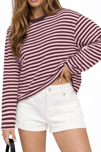 CHYRII Women Oversized Striped Long Sleeve T Shirts Fashion Casual Fall Spring 2026 Y2K Tops (Pink+Coffee M)
