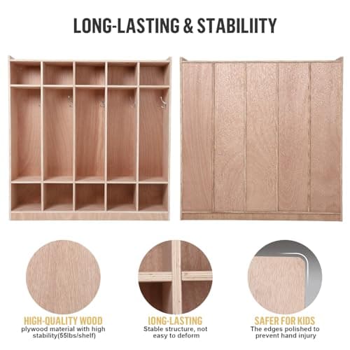 5-Section Classroom Coat Locker, Cubby Storage Organizer with 4 Casters, 5 Hooks & 2 Storage Boxes, Heavy-Duty Plywood Daycare Furniture for Preschool & Kids Entryway — view 5