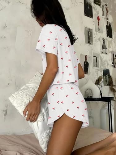 Ekouaer Womens Cherry Pajama Sets Sexy Lounge Sets Side Split Short Pj Sets Cute Pjs 2 Piece Comfy Sleepwear Loungewear Little Cherry Large — view 2