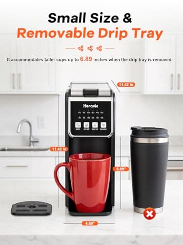 Horavie Single Serve Coffee Maker with Built-in Grinder, Fast Brew 6-16oz Single Cup for Whole Beans, Grounds, K-Cup, Grind and Brew Coffee Maker with 47oz Water Tank, Descaling Alert, Black — view 6