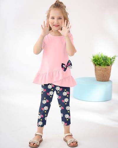 SOLOYEE Toddler Girl Clothes 3T 4T Girls Outfit, Short Sleeve Ruffle Top with Bowknot + Floral Print Capri Pants 2Pcs Spring Summer Clothing Set — view 2