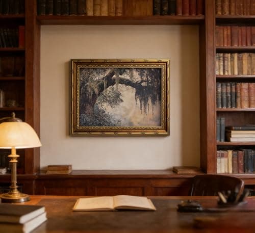 Vintage Gold Framed Vintage Oak Tree Wall Art Retro Landscape Canvas Wall Decor Oak Tree Moss Artwork Picture Retro Rustic Tree Poster Print for Home Living Bedroom Farmhouse Hallway — view 2