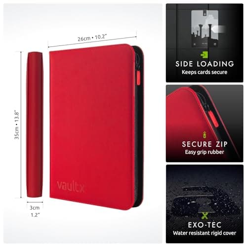 Vault X 9 Pocket Zip Binder, 360 Cards, Exo-Tec Material, 20 Side-Loading Pages (Red)