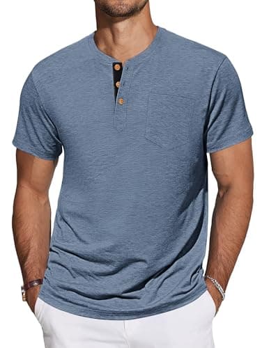 TARAINYA Men's Henley Shirts Cotton Button Short Sleeve Casual T-Shirts Homme with Pocket Grey Blue L