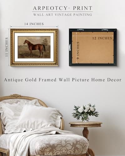 ARPEOTCY Vintage Gold Framed Horse Wall Art, Bedroom Bathroom Living Room Classic Horse Picture Wall Decor, Canvas Prints, Antique Picture Frame Rustic Paintings Home Farmhouse Decor, 11x14 Inch
