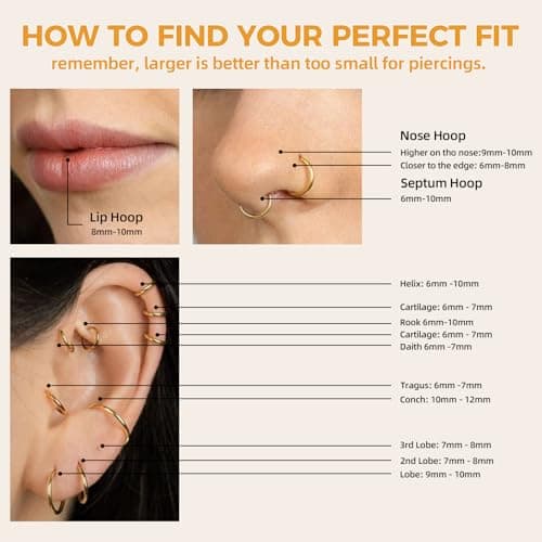 Afftiny Nose Rings Hoops Septum, Surgical Steel Seamless Clicker for Tragus Helix Conch Daith, Hypoallergenic, 20G/18G/16G, 6-12mm, Gold, Silver, Black, Rainbow, Rose Gold (Gold, 2pcs-18G-6mm) — view 4