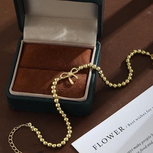 Bykuvo Gold Ankle Bracelets for women,14k Gold Plated Waterproof Layered lightweight Bow Beaded Chain Ankle Bracelets Set Gold Anklets for women Trendy Summer Beach Jewelry Gift for Women — view 3
