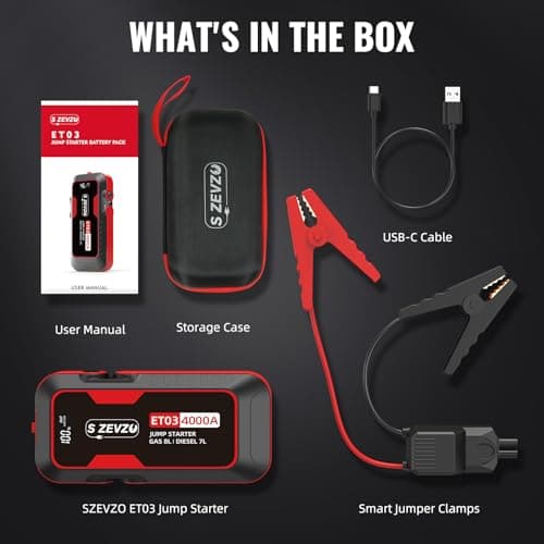 S ZEVZO ET03 4000A Car Jump Starter Jump Starter Battery Pack for Up to 8.0L Gas and 7.0L Diesel Engines, 74Wh Portable 12V Jump Box with USB Ports, LCD Display, Storage Case, and LED Light — view 5