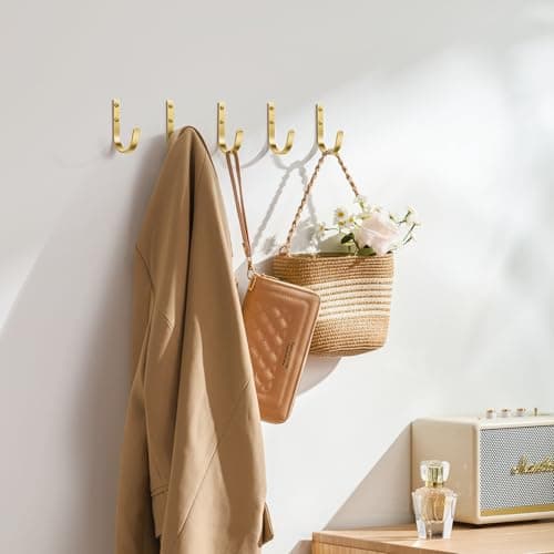 Josmimic 10 Pack Wall Hooks for Hanging Towel/Coat - 22LB Screw in Metal Hanger Wall Mount, for Outdoor, Closet, Door, Bathrooms, for Backpack, Robe, Brushed Gold — view 5