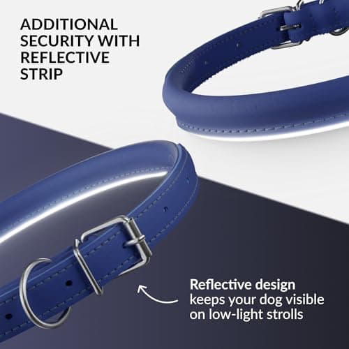 CollarDirect Rolled Leather Dog Collar, Soft Padded Round Puppy Collar, Handmade Genuine Leather Collar Dog Small Large Cat Collars (Deep Blue Smooth, 35-40 cm) — view 3