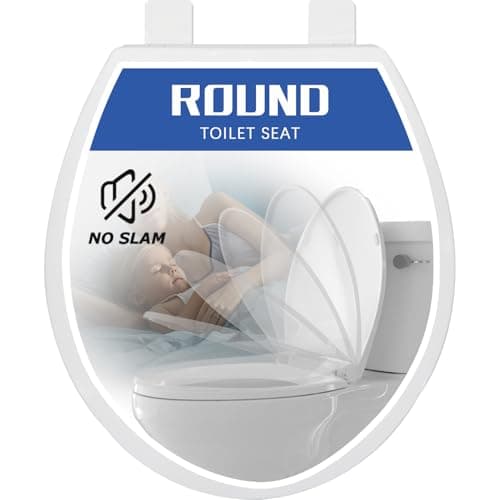 Round Toilet Seat, Slow Close, White Plastic, Never Loosen, 16.5”