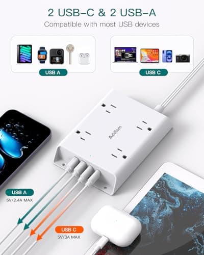 Addtam Power Bars with Surge Protector, 5FT Flat Extension Cord with Multiple Outlets, Power Strip with 4 USB Ports (2 USB C), 4 Wide Outlets Charging Station for Home Office Dorm Room Essentials — view 2