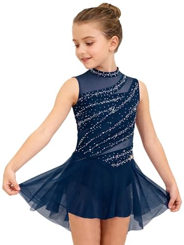 easyforever Kids Girls Shiny Rhinestone Ballet Lyrical Dance Dress Figure Ice Skating Dress Contemporary Dancewear Navy Blue 8 Years — view 2