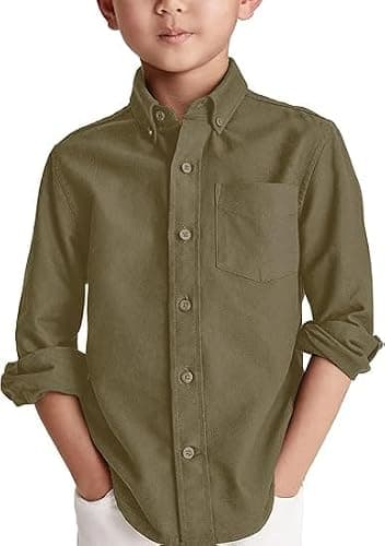 Haloumoning Boys' Long Sleeve Dress Shirts Classic Collared Button-Down Tshirt Solid Cotton Top with Chest Pocket, Army Green, 13-14 Years