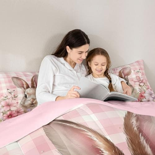 Feelyou Cute Rabbit Kids Comforter Set Twin Size Cartoon Bunny Bedding Set Flower Floral Duvet Quilt for Kids Boys Girls Bedroom Pink Plaid Decor Microfiber Ultra Soft Breathable — view 3