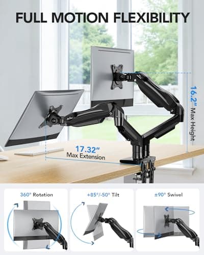 HUANUO FlowLift™ Dual Monitor Stand, Fully Adjustable Gaming Monitor Desk Mount for 13–32″ Computer Screens, Full Motion VESA 75x75/100x100 with C-Clamp & Grommet Base, Each Arm Holds 4.4 to 19.8 lbs — view 2