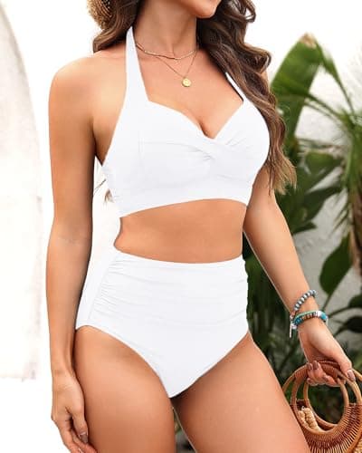 Tempt Me Women Two Piece Vintage Swimsuit Retro Halter Ruched High Waist Bikini with Bottom, Pure White, Large — view 3