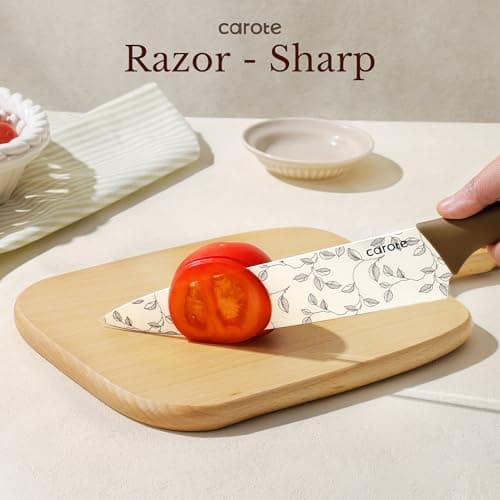 CAROTE 12PCS Knife Set, Kitchen Knife Set with 6 Blade Guards, Stainless Steel Knives Set With Nonstick Ceramic Coating, Rustproof, Delicate Floral Designs, White — view 2