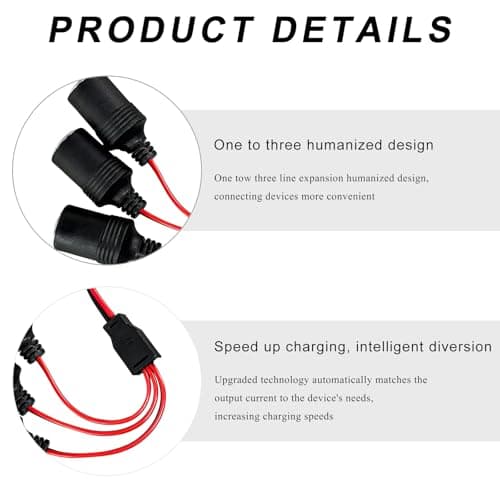 JUSTTOP Car Cigarette Lighter Splitter, 12V/24V 1 to 3 Power Charger Port with 15A Fuse, 3 Way Socket Splitter Cigarette Lighter Extension Cord with On Off Switch, Car Accessories — view 2