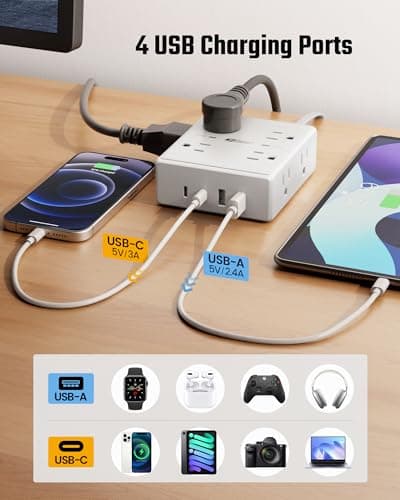 Surge Protector Power Bar, SUPERDANNY 6 Ft Extension Cord with 8 Outlets & 4USB Ports (2 USB 2 C), Mountable Flat Plug Power Strip, Surge Protection for Home, Office, Dorm — view 4
