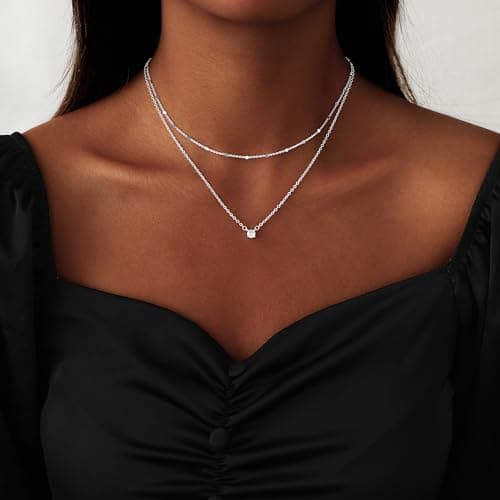 Coshilta Layered Silver Necklace for Women Trendy，Dainty 14K Silver Plated CZ Pendant Layered Gold Necklaces Set Choker Necklaces Simple Cubic Zirconia Necklace Stack Chain Jewelry Gift