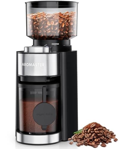 Aromaster Burr Coffee Grinder, Electric Coffee Bean Grinder for Home Use, 25 Grind Settings, Adjustable 2-12 Cups Timer,3-Ears Portafilter Holder, Anti-Static Design, Cleaning Brush, Black