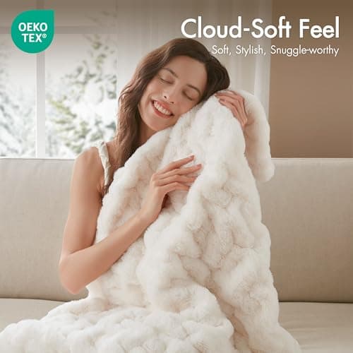 Madison Park Ruched Fur Luxury Throw Premium Soft Cozy Brushed Long Faux Fur For Bed, Couch or Sofa , 50x60" , Ivory — view 2