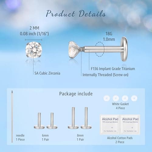 limerencia 18g Titanium Internally Threaded Tragus Piercing Jewelry CZ Top Flat Back Piercing Nose Studs Earring, Helix, Cartilage, Labret, Monroe for Women or Men,2mm White Cz Silver — view 2