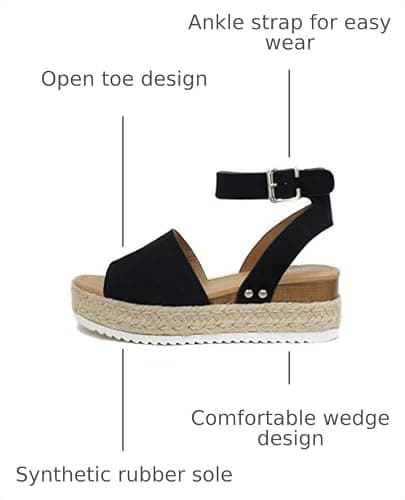 Soda Topic Open Toe Buckle Ankle Strap Espadrilles Flatform Wedge Casual Sandal (Black, 8.5) — view 2