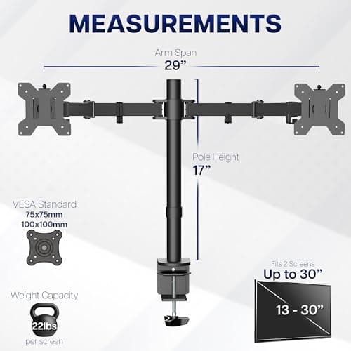 VIVO Dual Monitor Desk Mount, Holds 2 Computer Screens up to 30 inches and 22lbs Each, Heavy Duty Fully Adjustable Steel Stand with C-Clamp and Grommet, Black, STAND-V002 — view 4