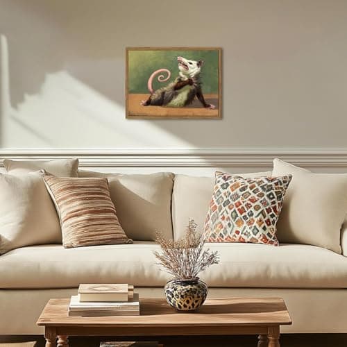 Funny Opossum Wall Art, Whimsical Possum Wall Decor Painting Cute Animal Poster Canvas Prints Picture for Bedroom Living Room 12x16 inch Wood Framed
